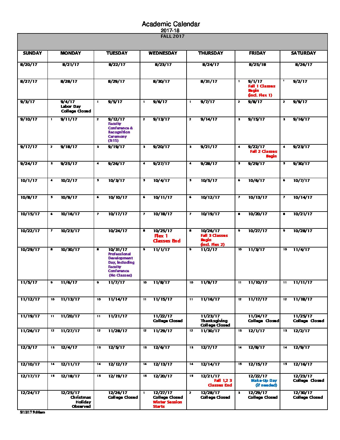 Academic Calendar 2017-2018 FINAL | Bergen Community College