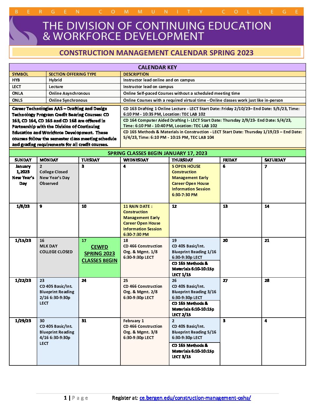 Spring 2023 Construction Management Calendar | Bergen Community College Spring 2023 Construction Management Calendar | Bergen Community College